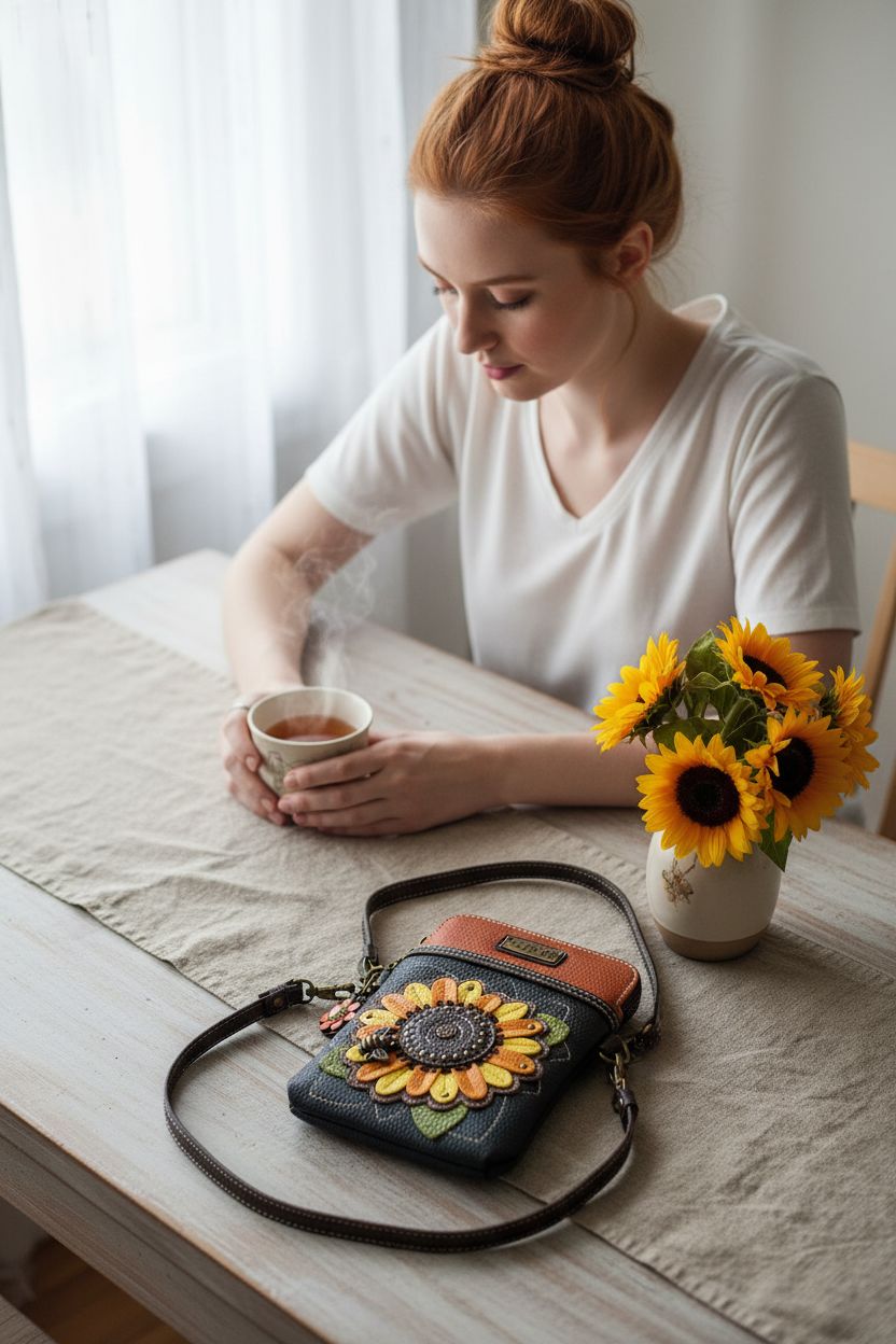 CHALA sunflower purse resting on a cozy breakfast table, surrounded by sunflowers and tea, perfect for a calm morning.
