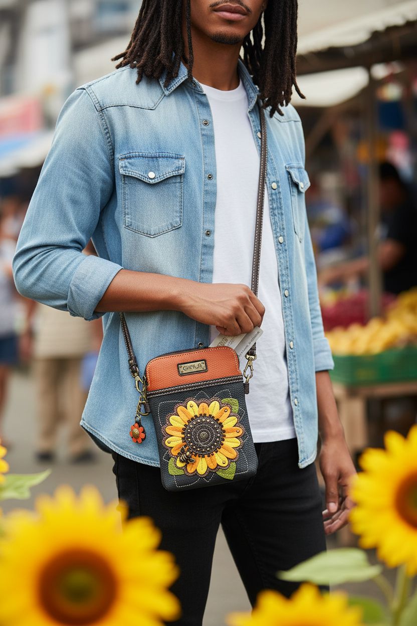CHALA sunflower purse in navy leather at a vibrant market, showcasing its adjustable crossbody strap and floral design.