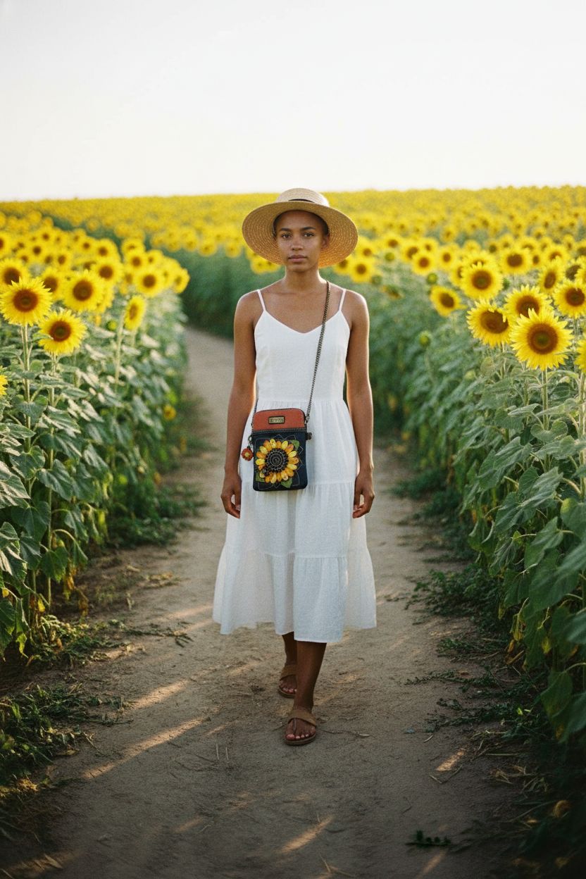 Relaxing scene with CHALA sunflower purse in navy by sunflowers, ideal for summer outings and casual style.