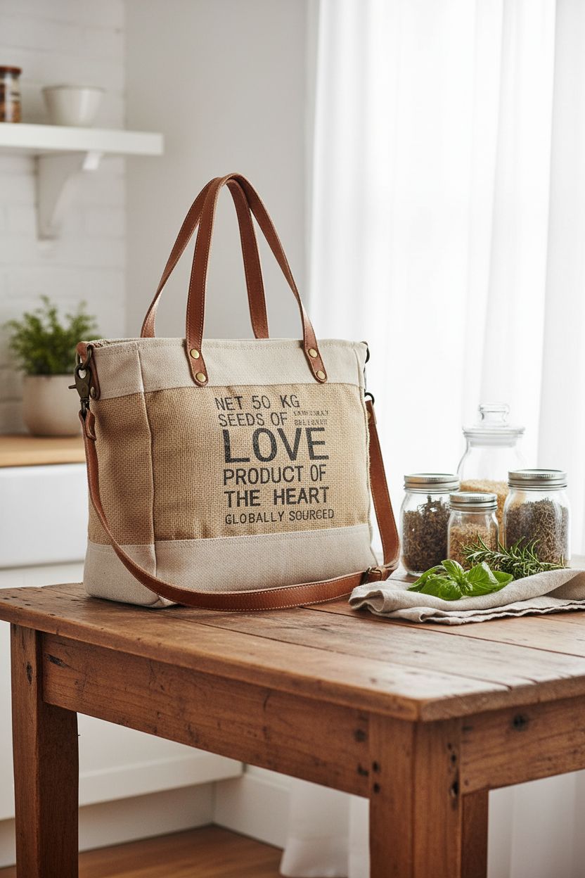 Myra Bag resting on a farmhouse table, surrounded by fresh herbs and glass jars in a sunlit kitchen.