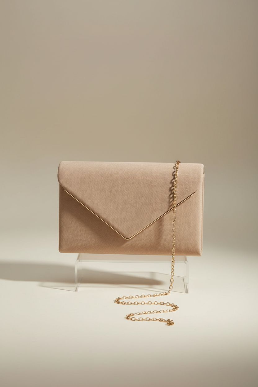 BBjinronjy taupe envelope clutch displayed in a studio setting, highlighting its sleek design.