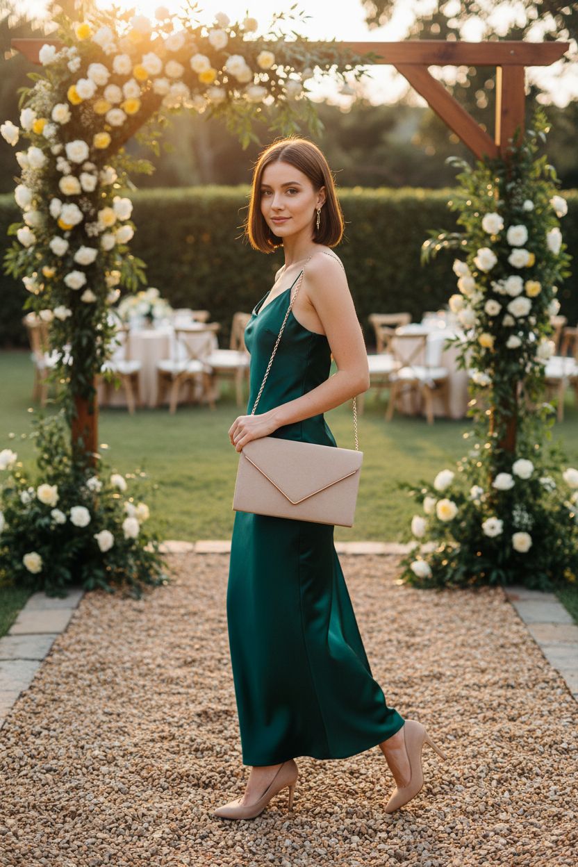 Taupe faux suede crossbody handbag by BBjinronjy at a garden wedding, ideal for celebrations.