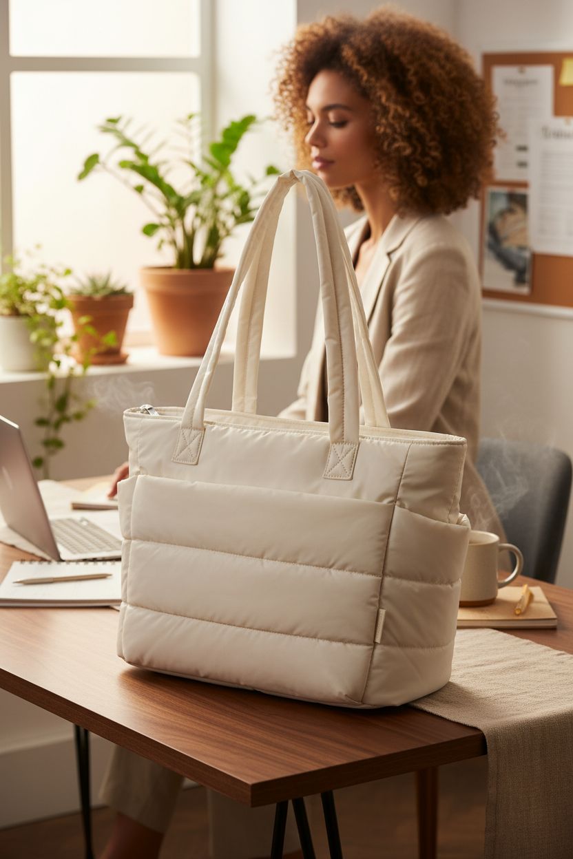BAGSMART beige quilted tote bag on a warm desk in a cozy faculty lounge.