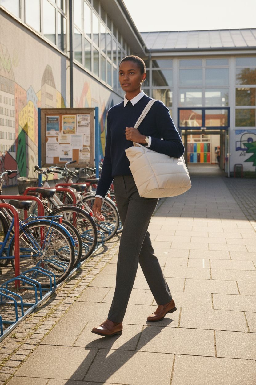 BAGSMART puffer tote bag on a teacher's shoulder walking through a sunlit school campus.