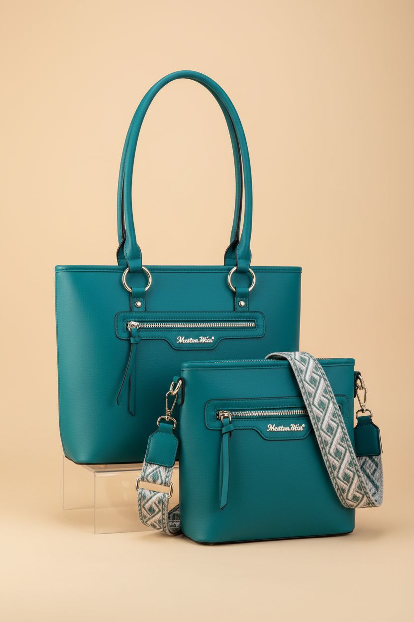 Montana West teal tote and crossbody purse showcasing detailed craftsmanship