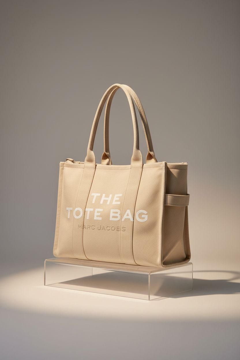 Close-up of beige Marc Jacobs tote bag on a studio set, highlighting its textured canvas.