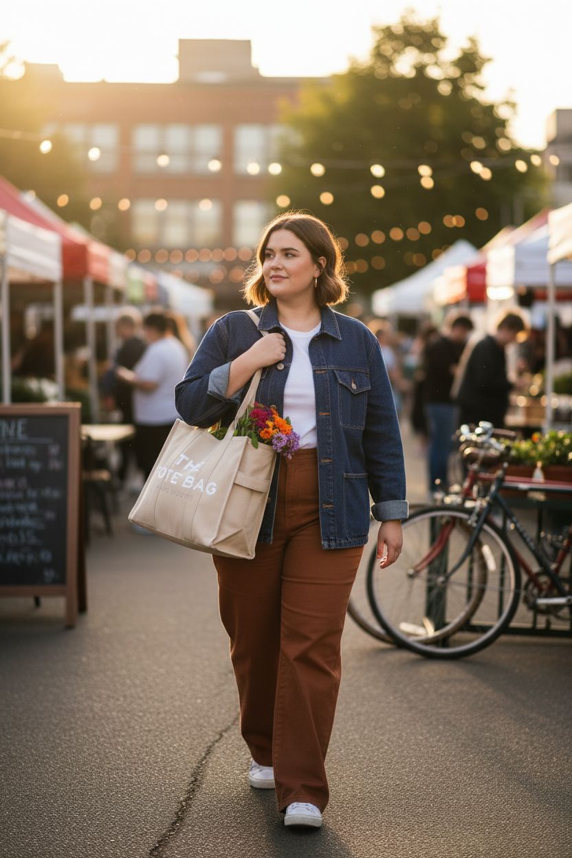 Beige Marc Jacobs tote bag carried at a farmer's market, filled with flowers and produce.