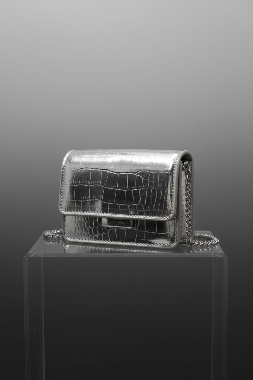 Product showcase of Anytiger's silver mini purse highlighting croc-emboss texture.