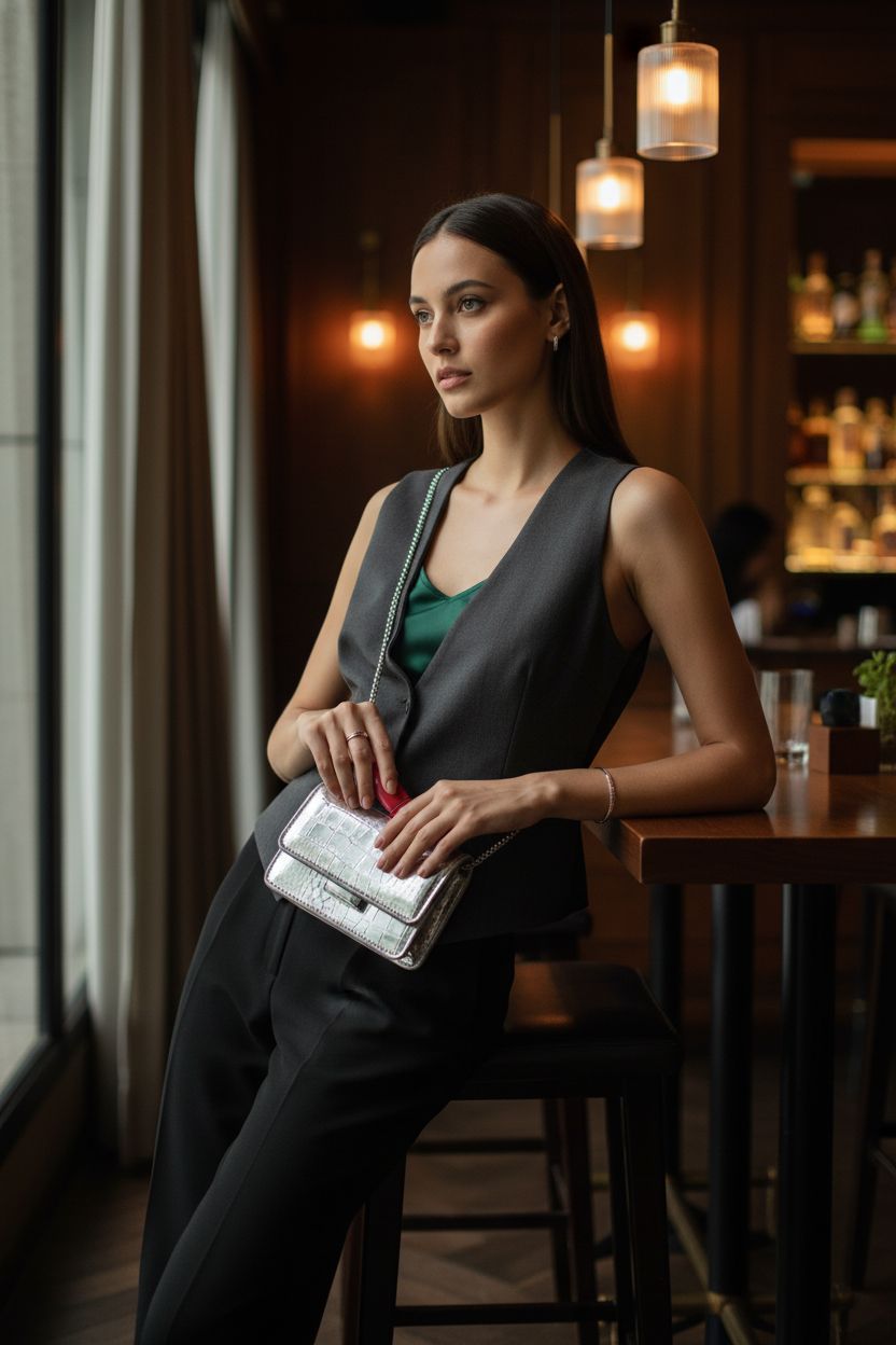 Anytiger silver mini purse transitioning from crossbody to clutch in a chic setting.