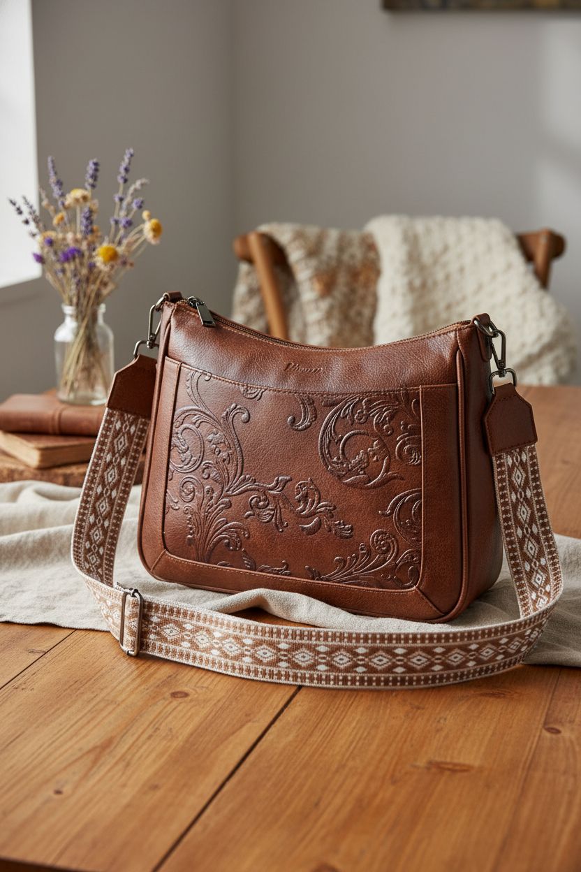 VIMUTI tooled leather purse on a rustic table with dried flowers, exuding cozy artisanal vibes.