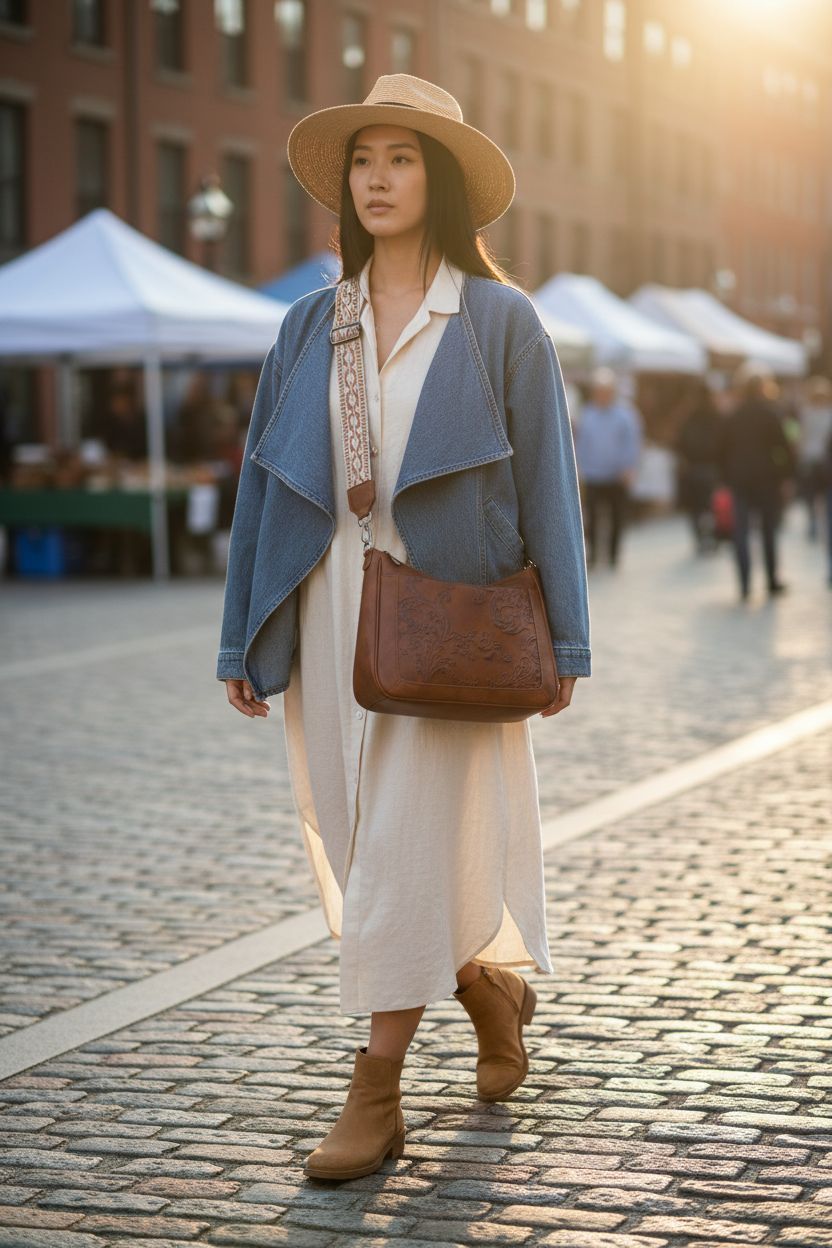 VIMUTI tooled vegan leather crossbody bag with embossed flowers, styled against historic plaza backdrop.