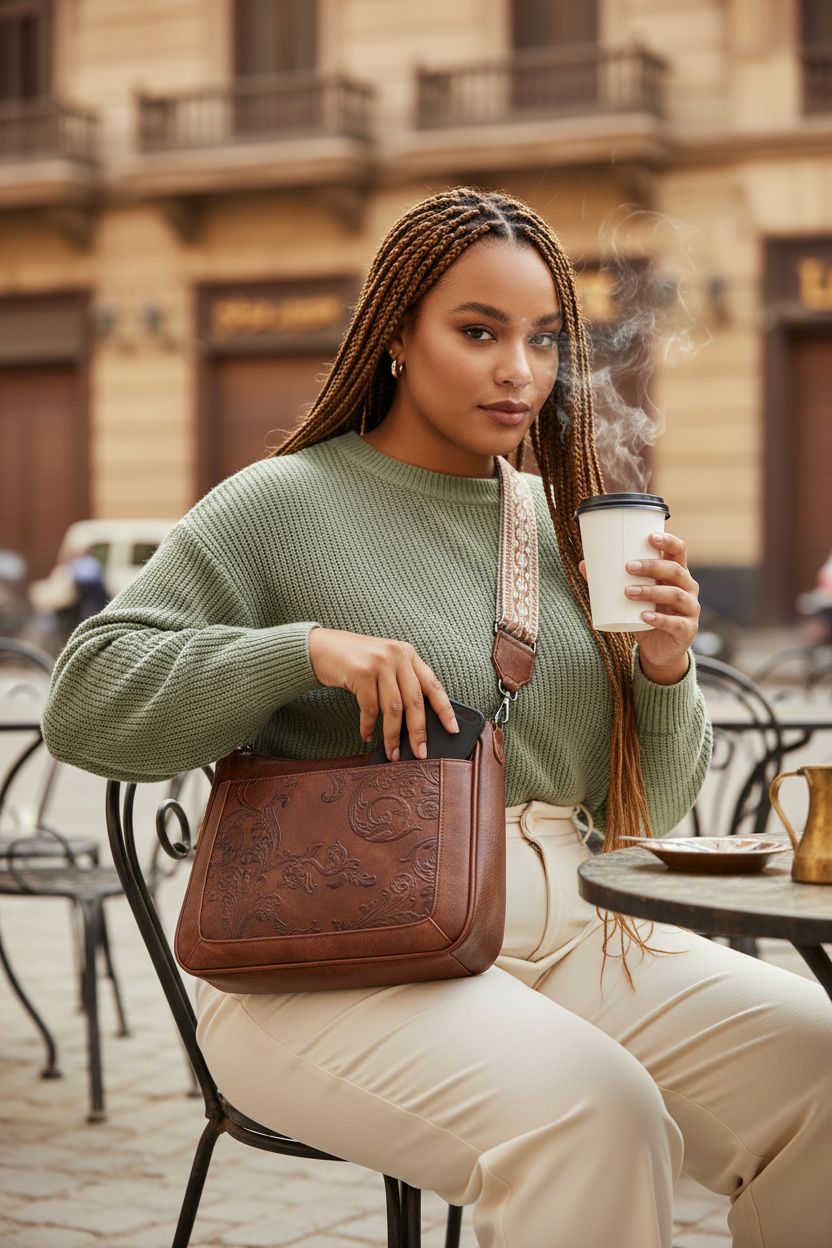 VIMUTI brown crossbody purse with floral embossing, perfect for casual café outings.