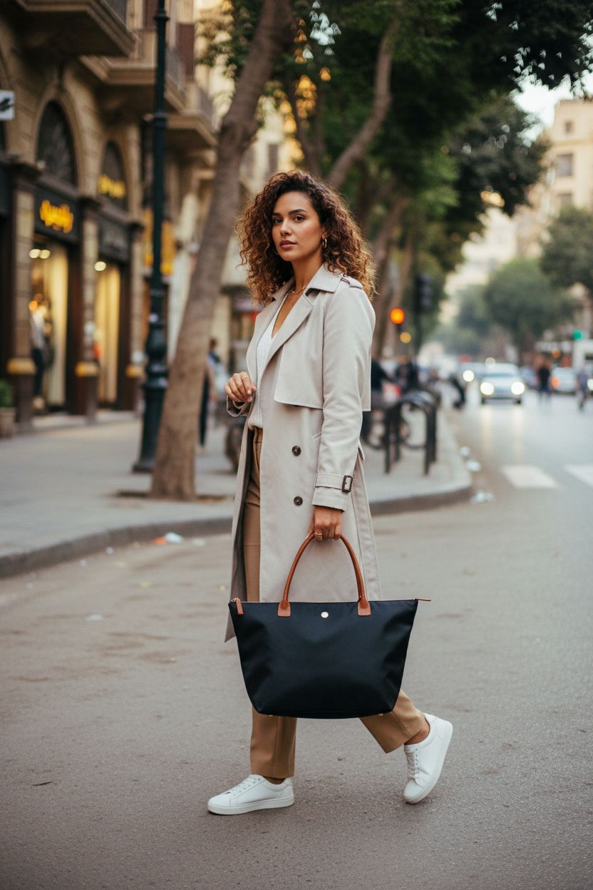 GM LIKKIE black nylon top handle bag being carried during a morning commute; ideal for daily use.