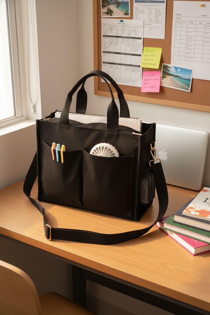 F-color college tote bag beside textbooks in a cozy study nook, perfect for students