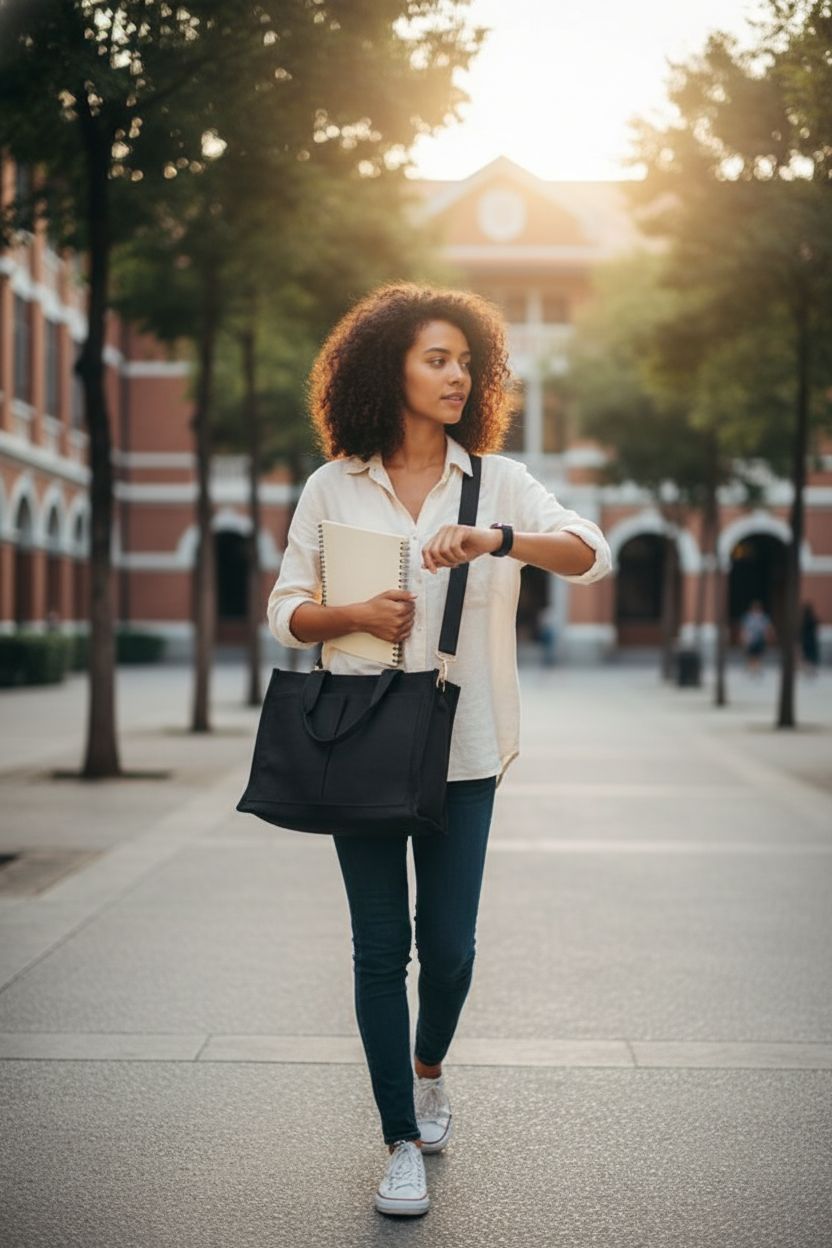 F-color college tote bag for school, black canvas, worn crossbody on campus quad