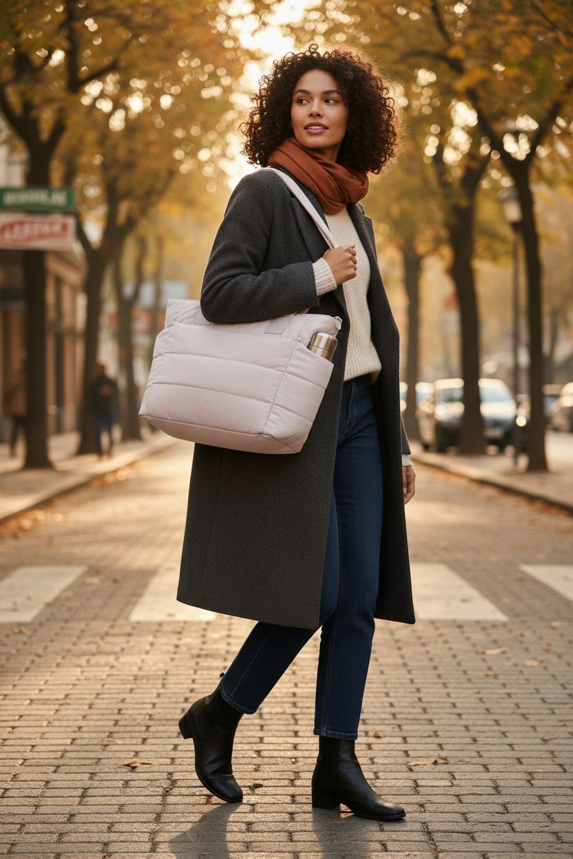 GASSDA beige puffer tote bag stylishly carried on a tree-lined street during autumn.