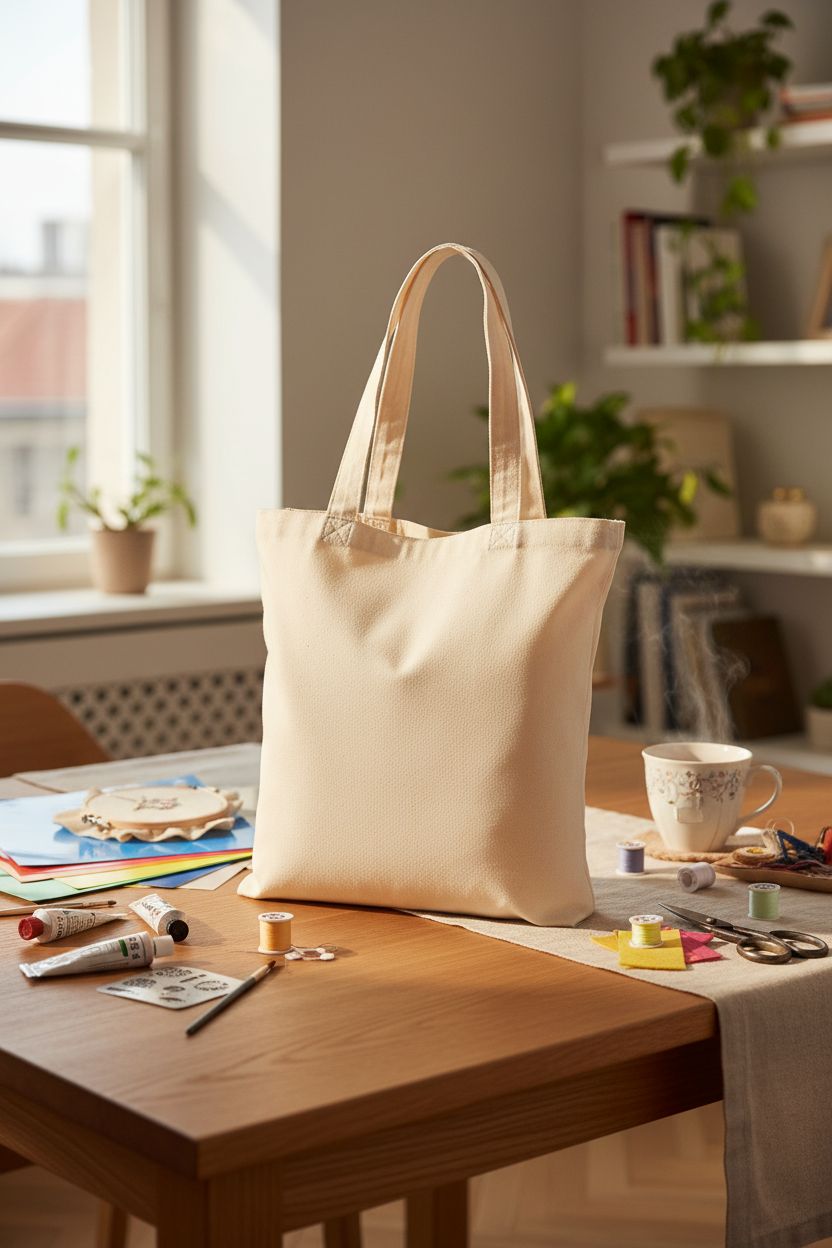 MOLOVA tote bag on a honey-oak table surrounded by DIY craft supplies
