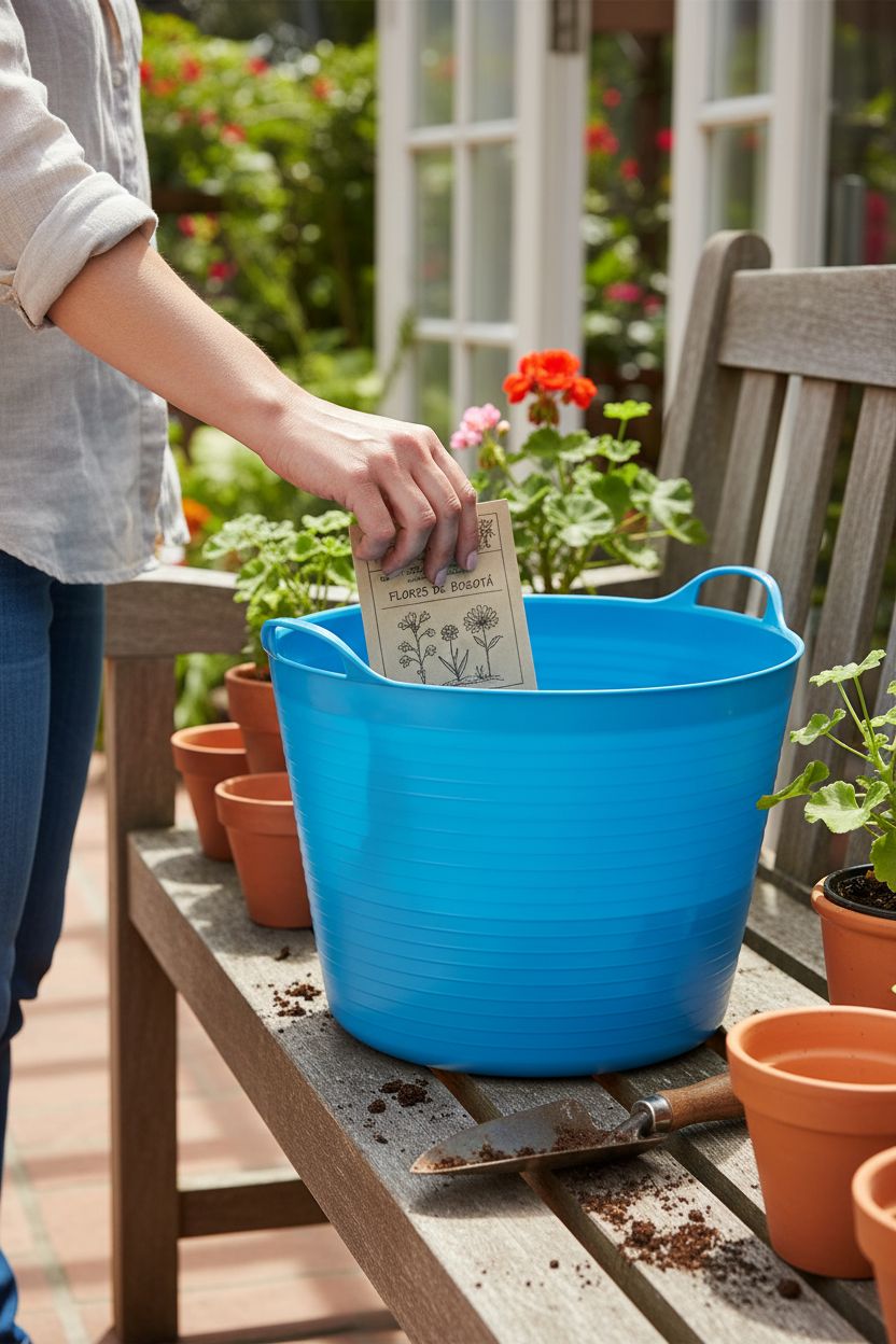 Blue flexible tub by Bosmere on a potting terrace, surrounded by gardening tools and plants