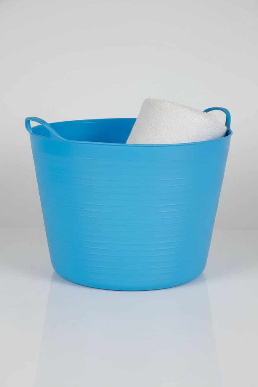 Product shot of Bosmere's blue plastic tub, highlighting its durable and flexible design
