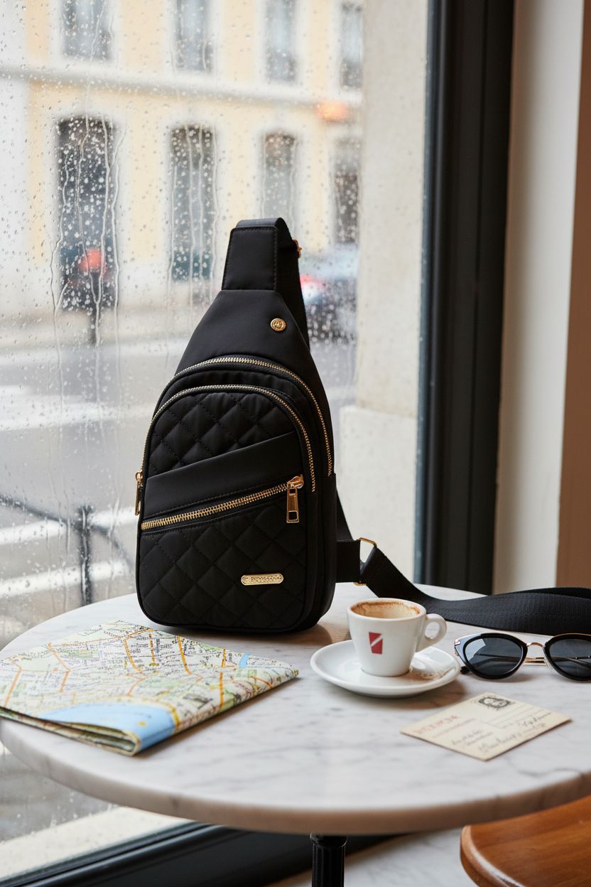 AOSTIHOT sling bag resting on a marble table in a café, paired with a city map and espresso for a travel vibe.