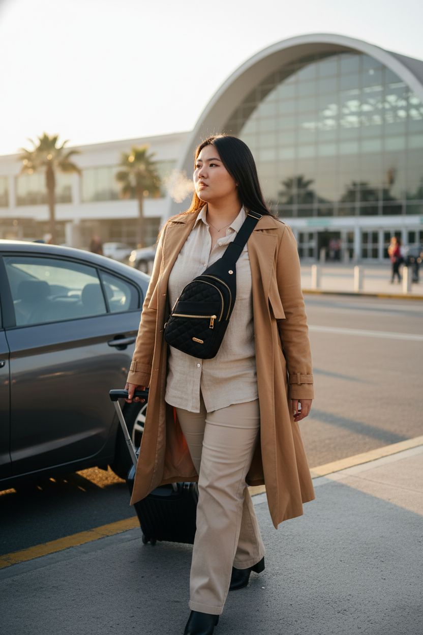 AOSTIHOT travel sling bag at Chile airport curb, ready for adventure while wheeling a carry-on.