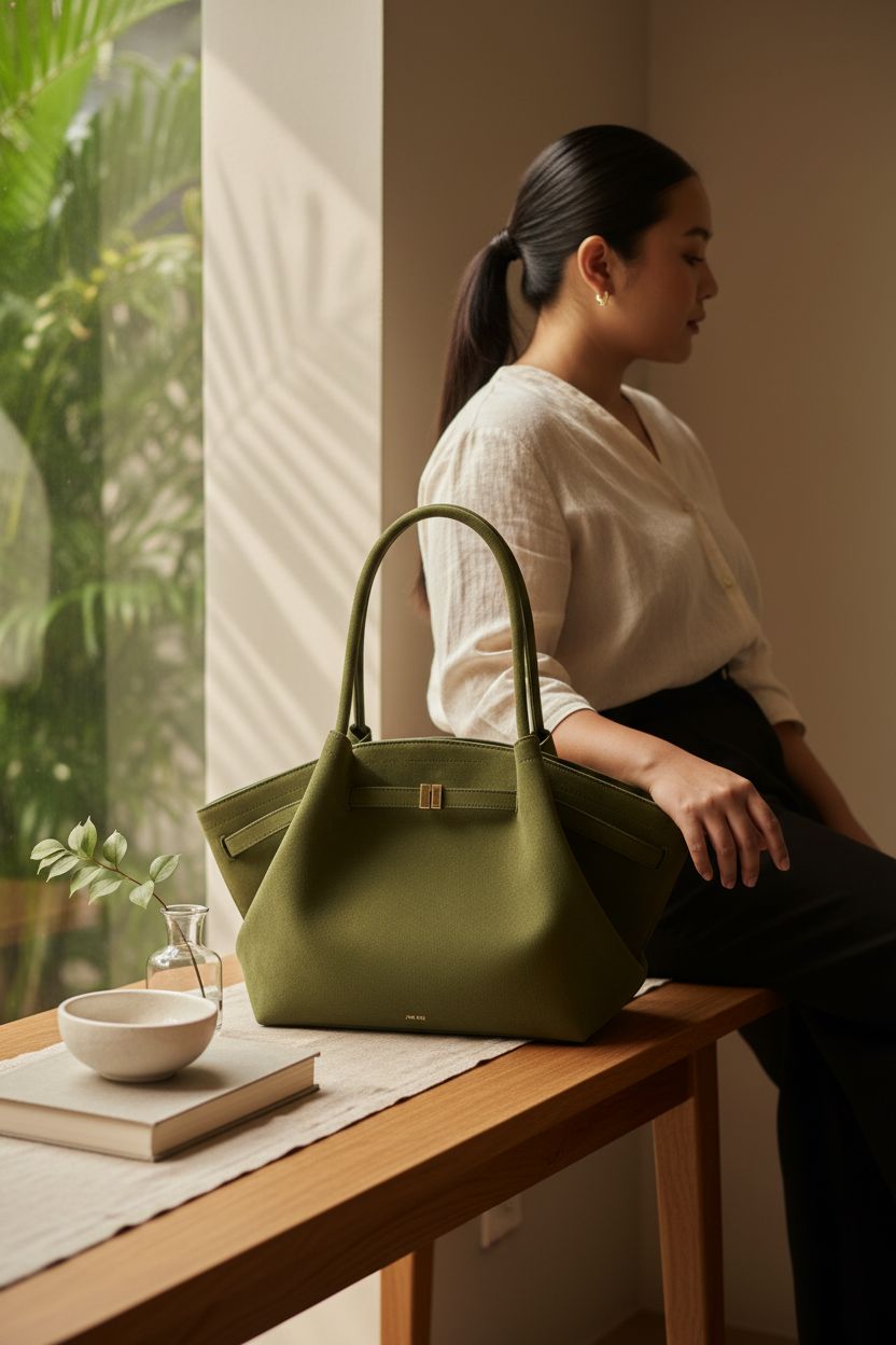 JW PEI dark olive tote bag styled in a serene modern home setting