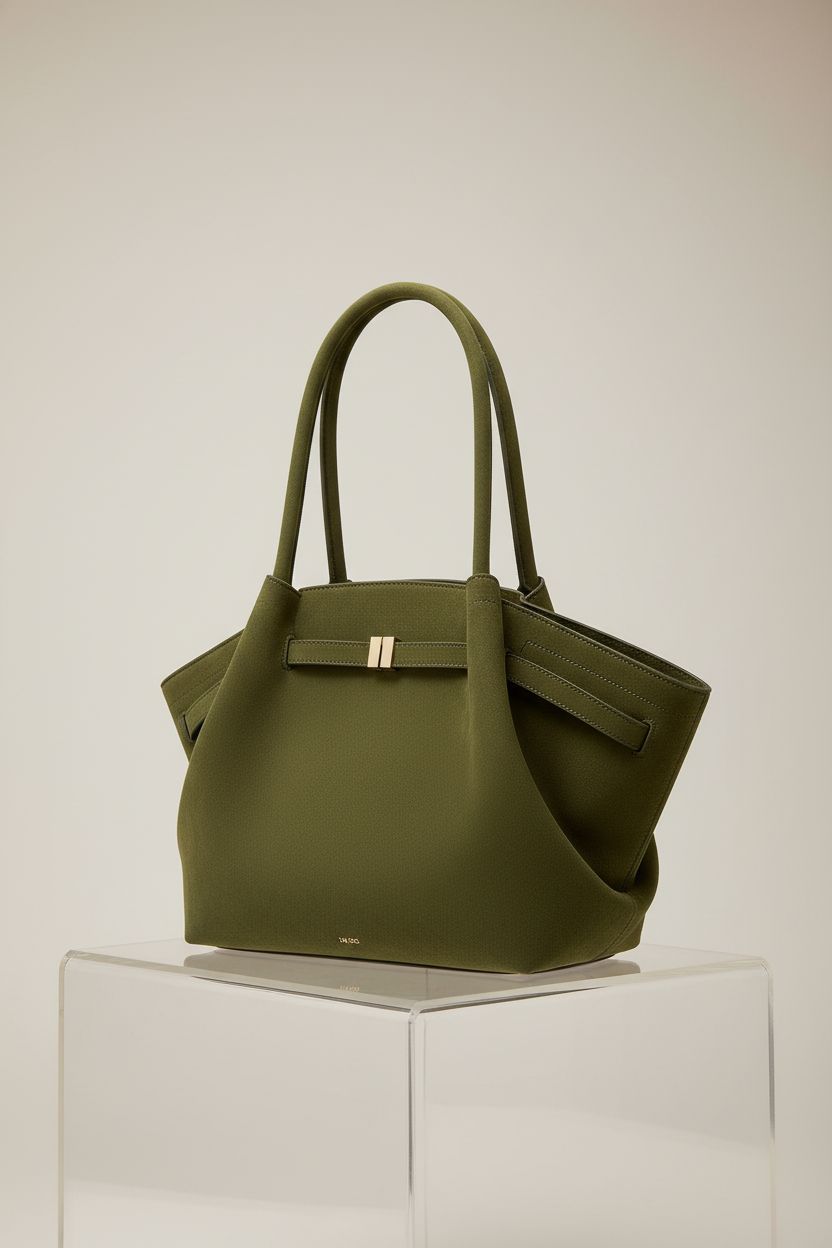 Close-up of JW PEI dark olive faux suede tote bag emphasizing craftsmanship