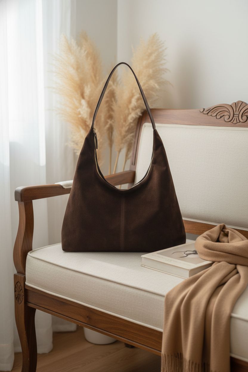 Elegant display of Jusavie's chocolate suede crescent bag on vintage bench in serene home setting.