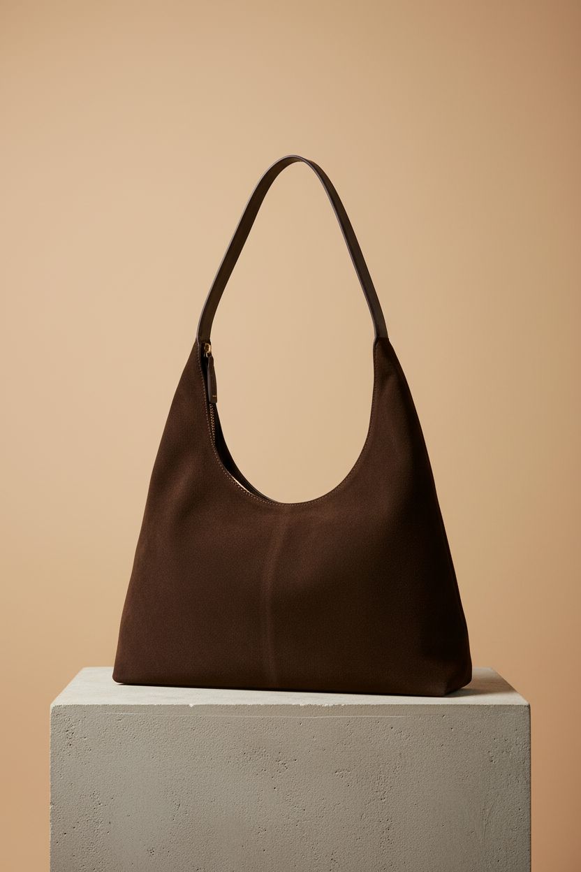 Product shot of Jusavie's crescent shoulder bag, showcasing its sleek design and quality materials.