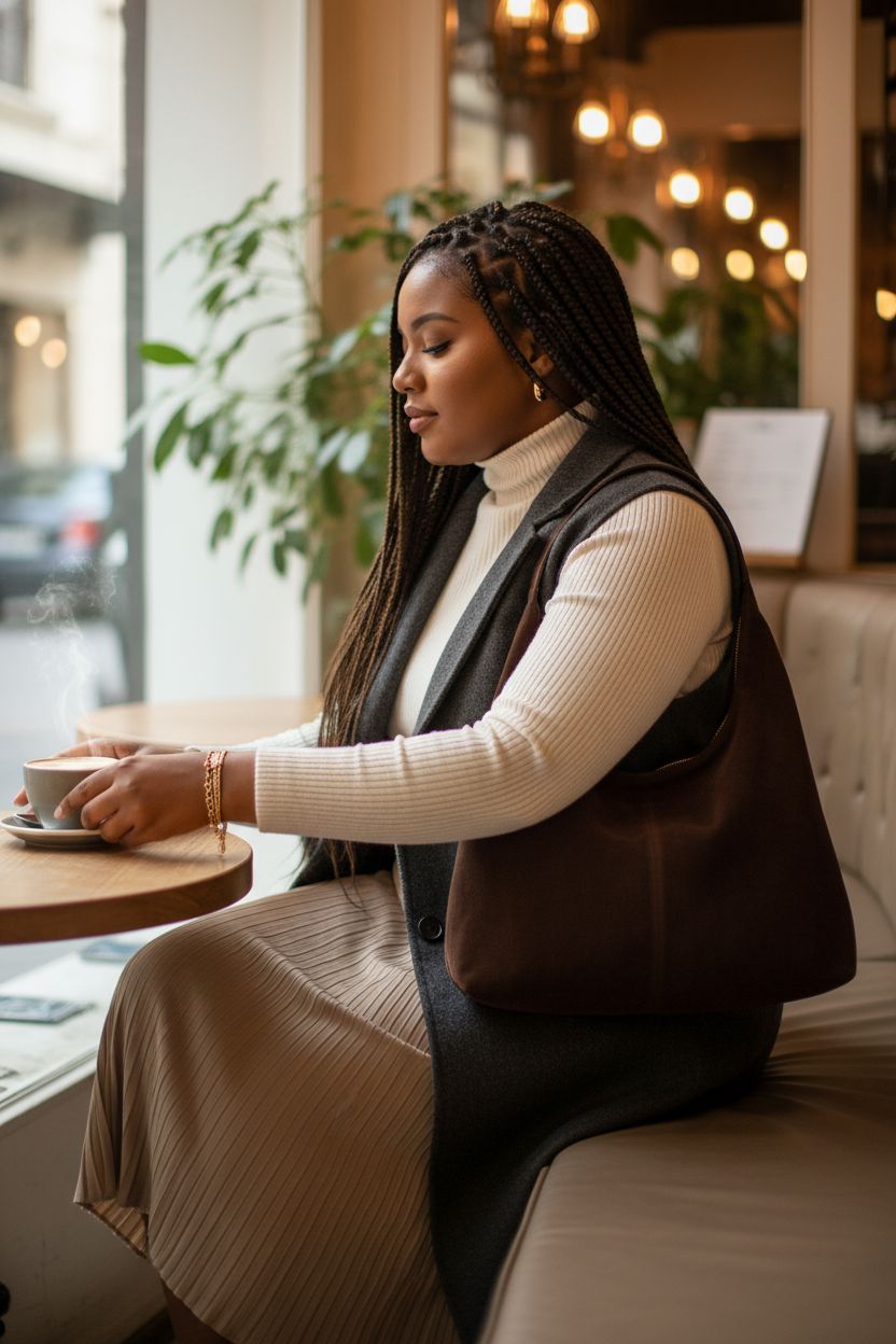 Cozy Tunis café scene featuring Jusavie's suede crescent bag, ideal for casual coffee breaks.