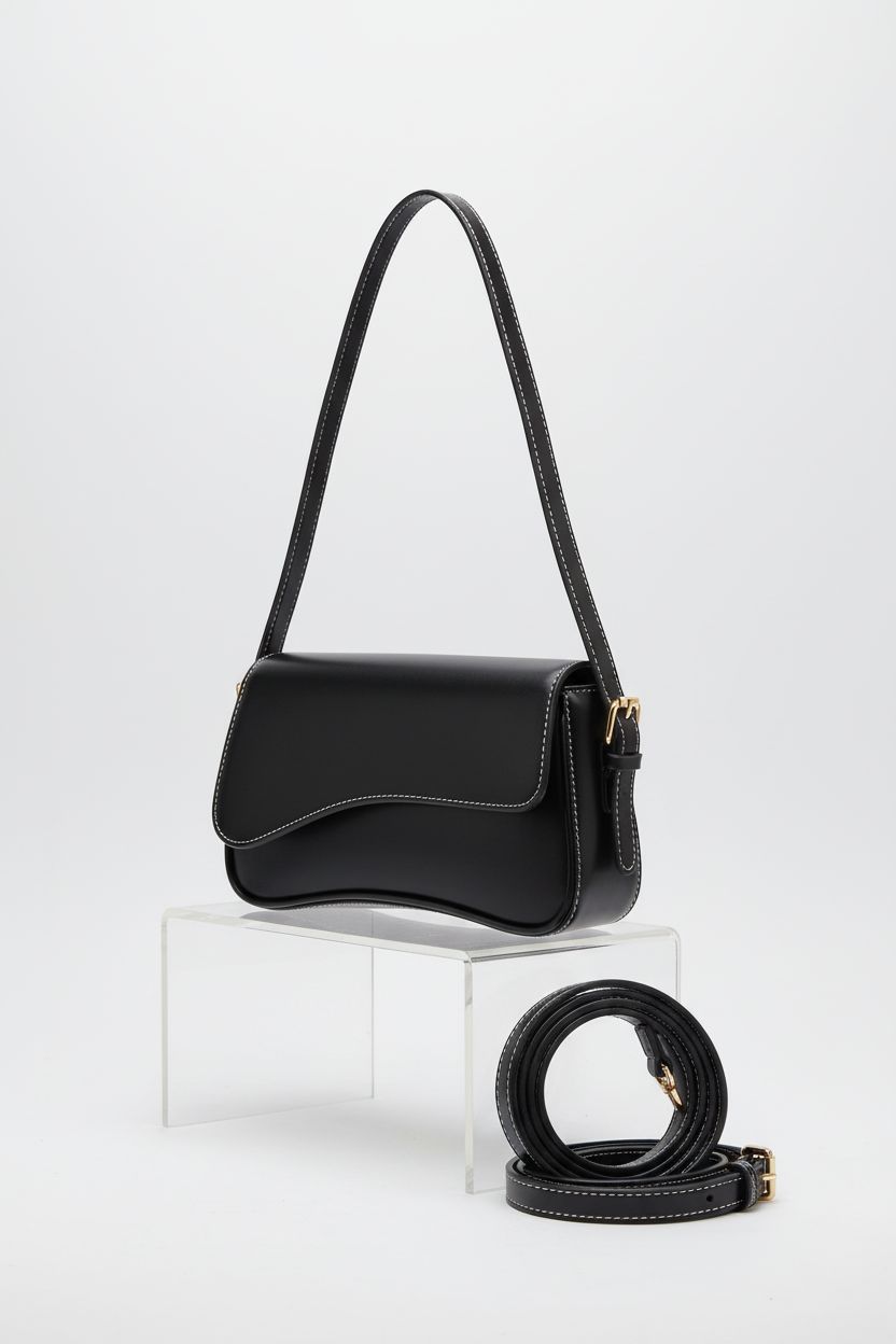 Amszke vegan leather shoulder bag displayed on a minimalist riser, highlighting its trendy design and detachable strap.
