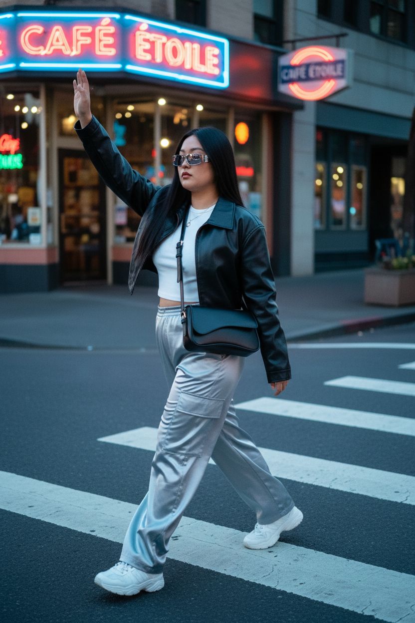 Black crossbody bag by Amszke swinging stylishly on a neon-lit shopping street, ideal for urban adventures.