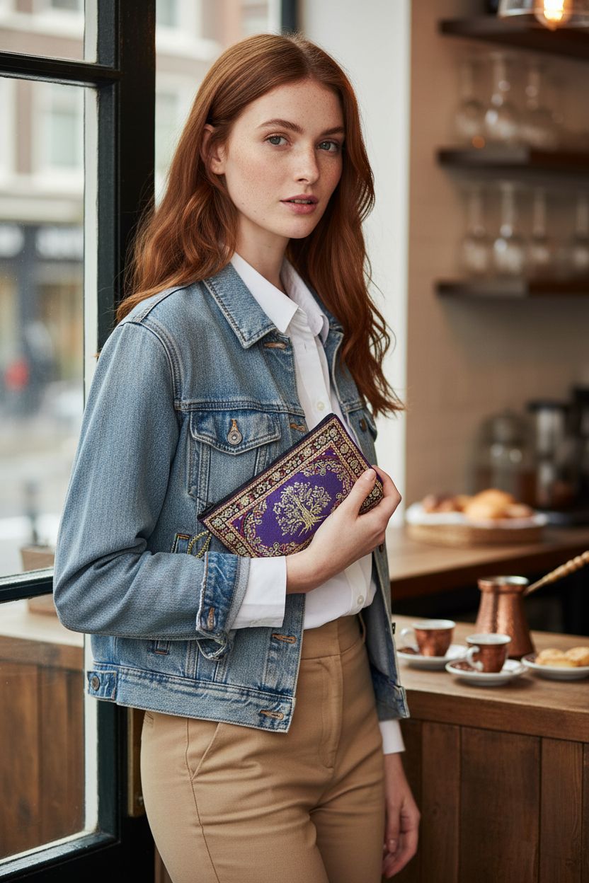 BDM multicoloured Turkish purse being held in a café, showcasing its stylish zipper feature.