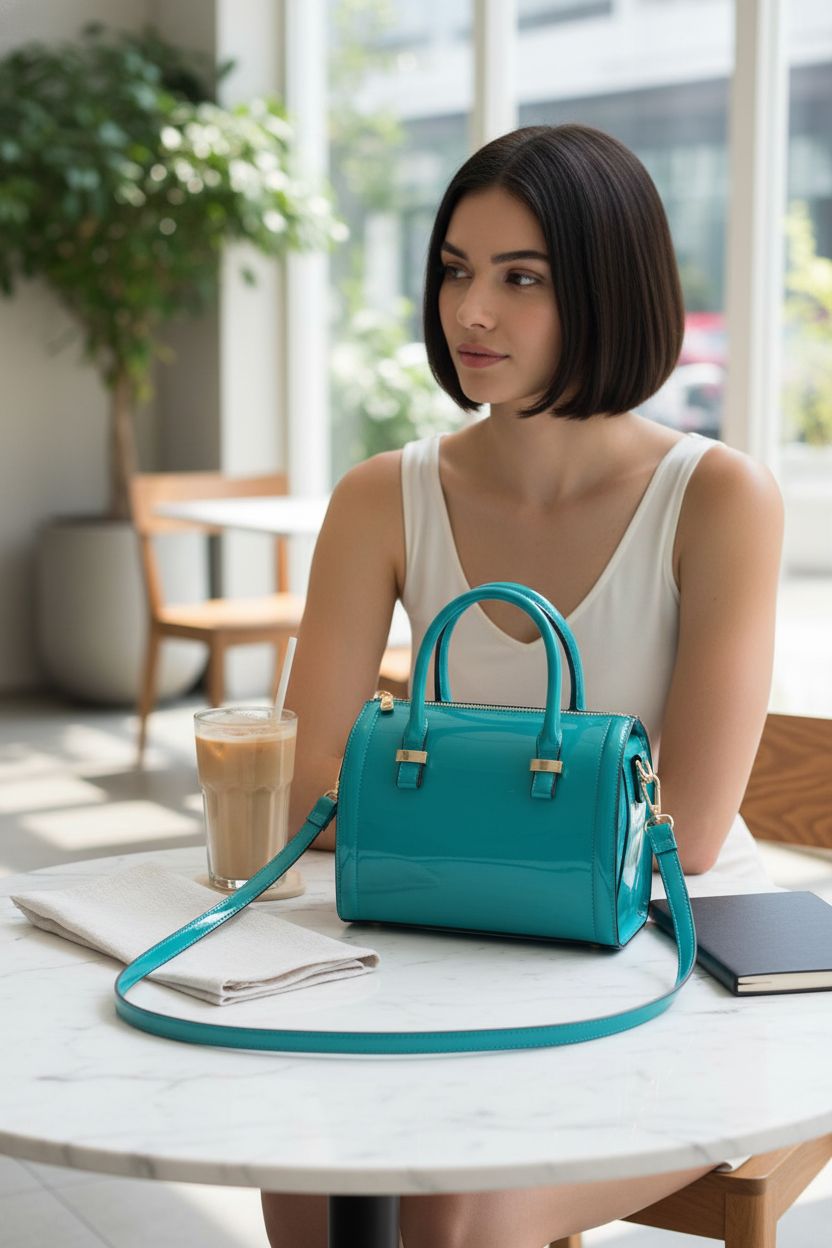 Dasein turquoise barrel bag beside iced latte in modern café, exuding everyday elegance