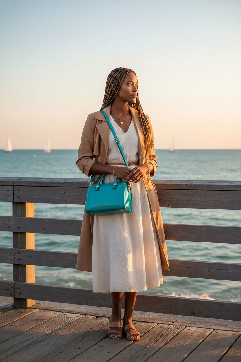 Dasein turquoise patent faux leather mini barrel bag on seaside boardwalk at sunset