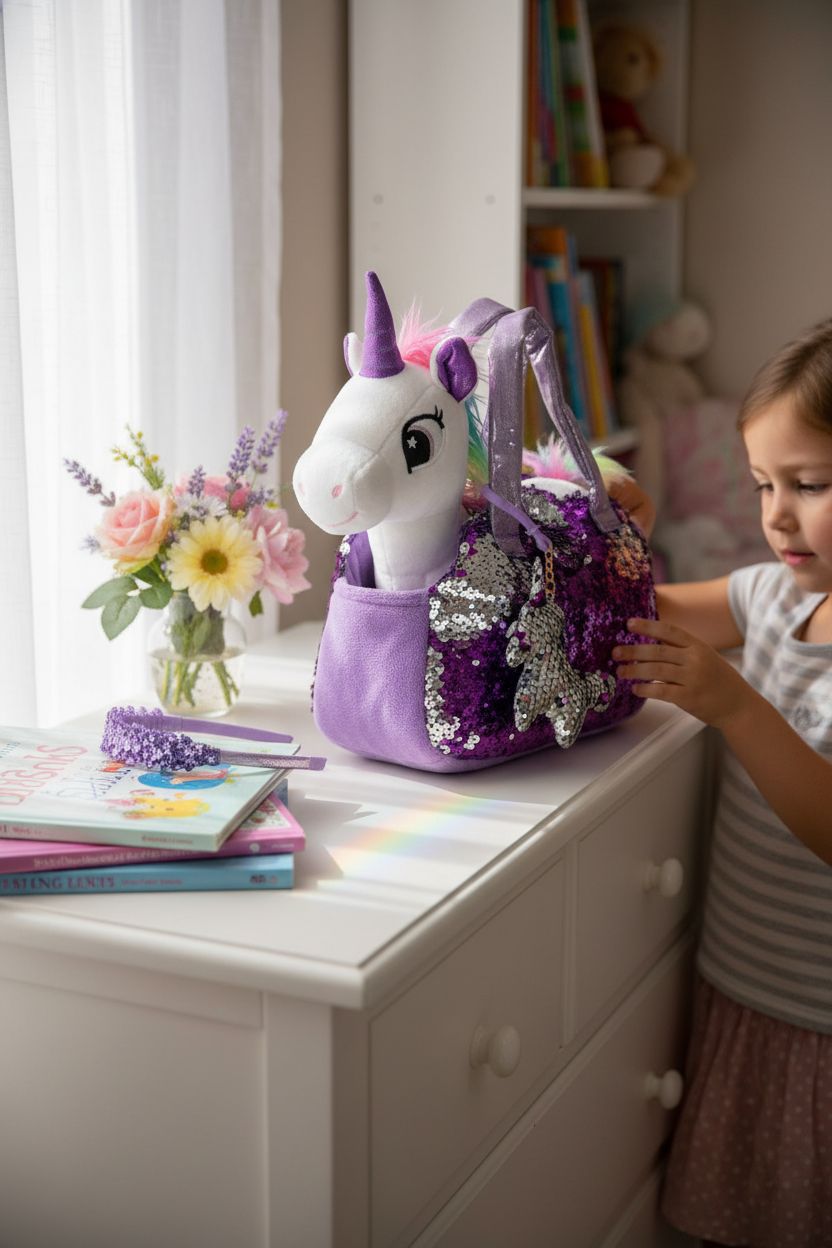 Little Jupiter unicorn purse displayed in a cozy reading nook, perfect for imaginative play.