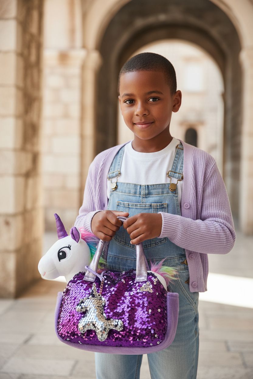 Little Jupiter unicorn purse with sequins, perfect for playdates and stylish outings.
