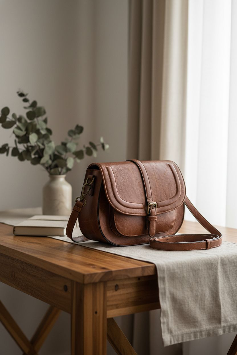 AFKOMST saddle bag elegantly displayed on a wooden desk with soft lighting