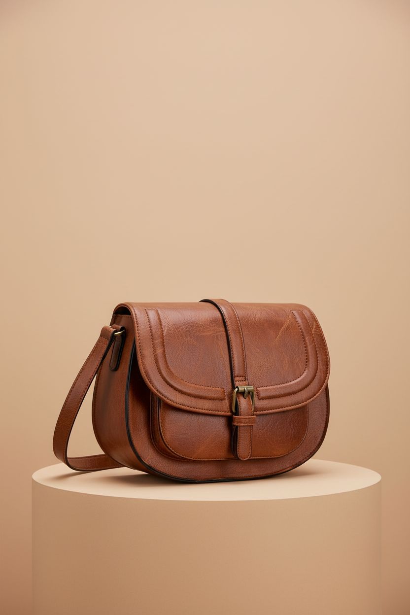 Close-up of AFKOMST structured saddle bag highlighting vegan leather and design