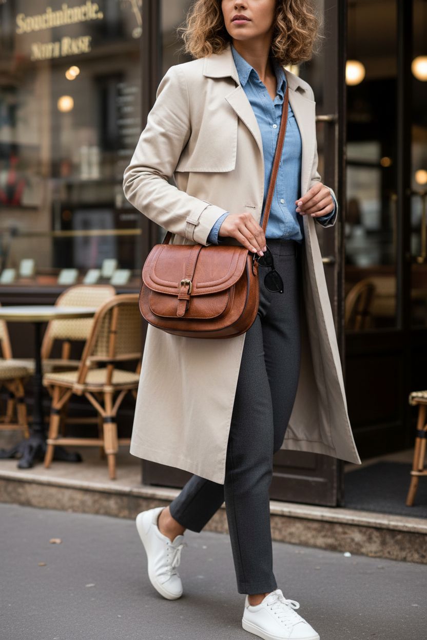 AFKOMST brown vegan leather crossbody bag styled in a fashionable café setting