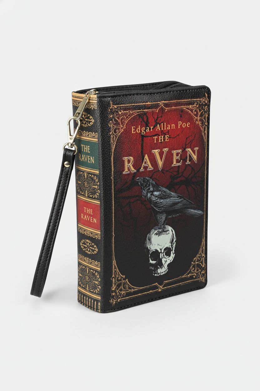 Raven book-shaped clutch purse from Things2Die4, showcasing its sleek design and details.