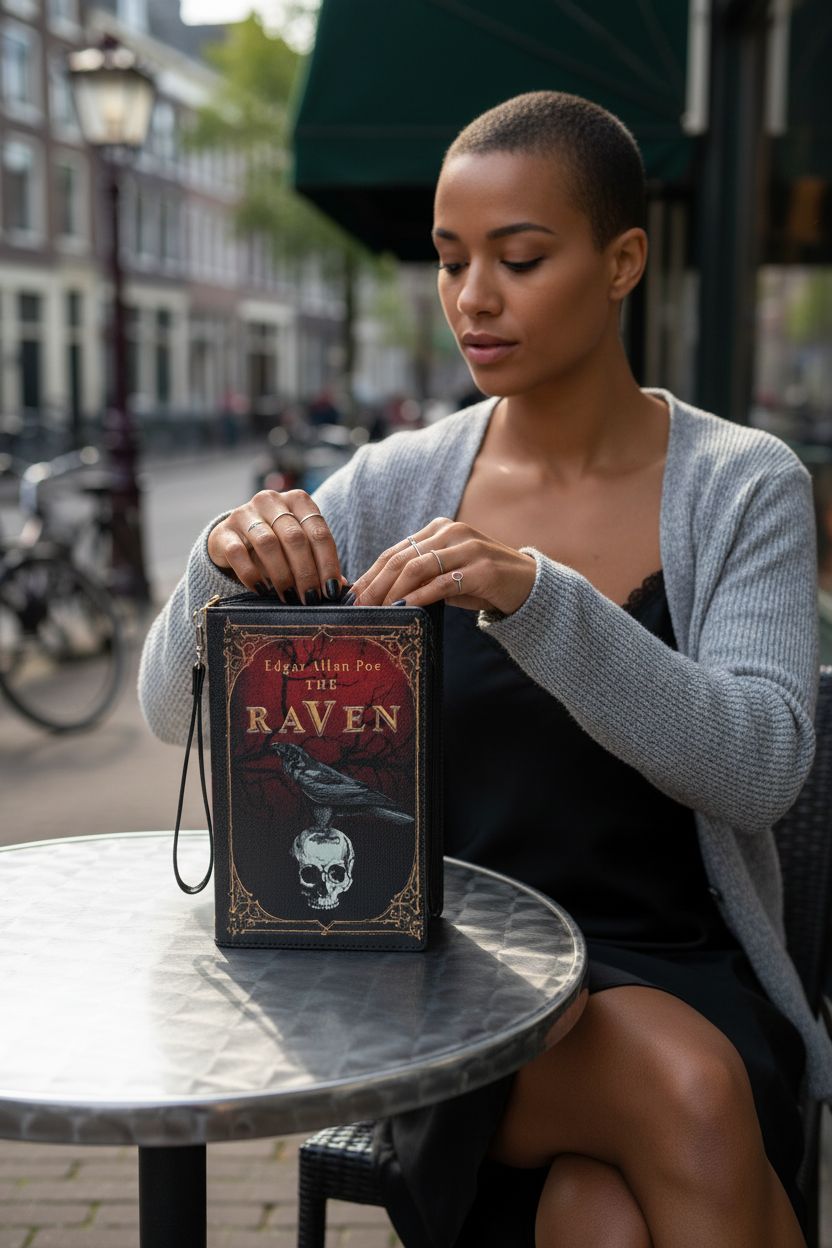 Things2Die4 Raven clutch purse with wrist strap, stylishly unzipped at a café table.