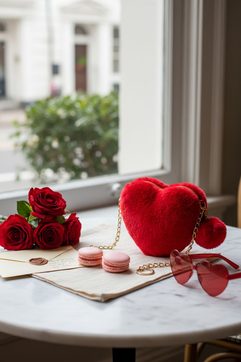 A romantic still life featuring Aliceset furry heart purse, roses, and macarons on a marble table, ideal for Valentine's Day ambiance.