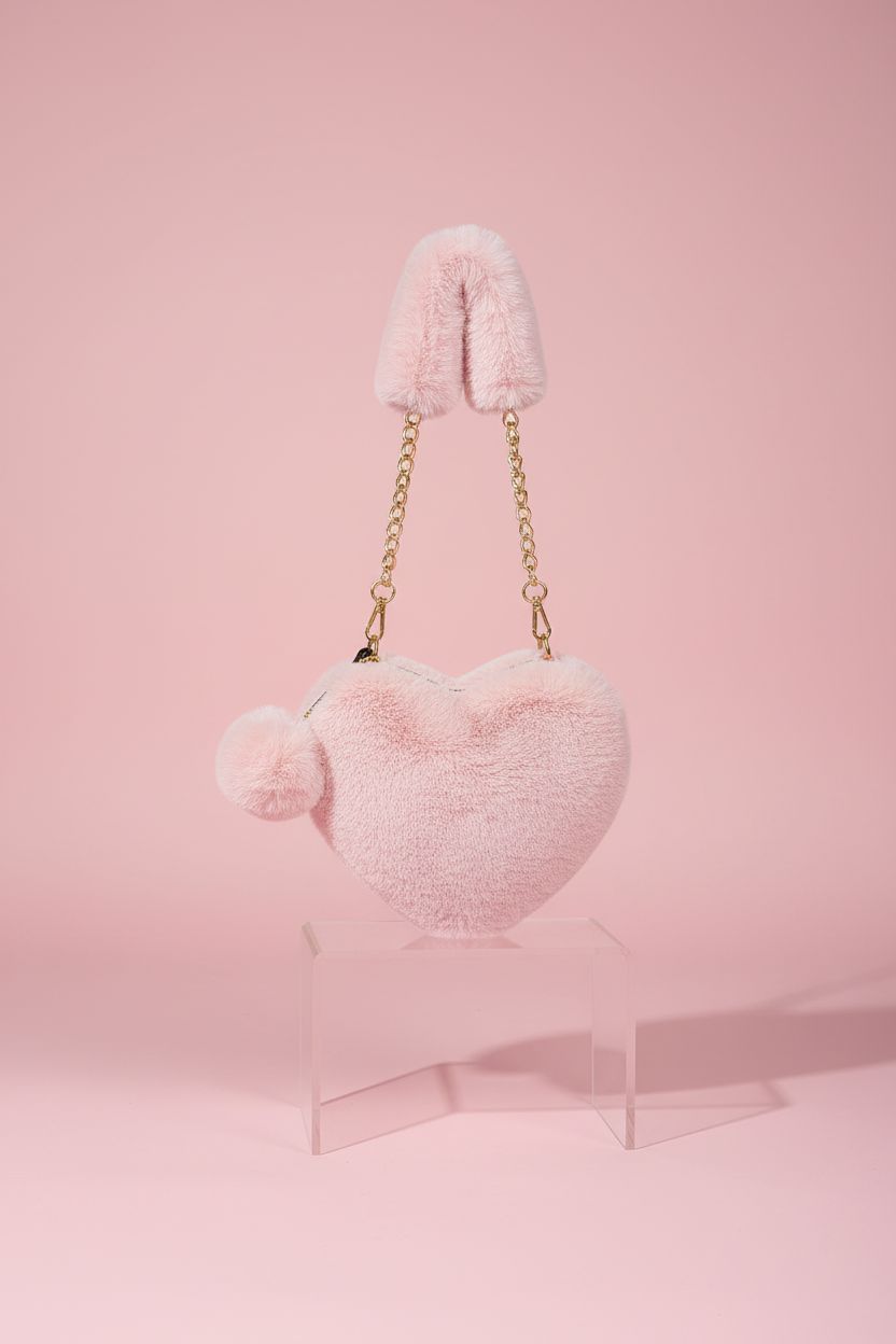 Aliceset heart-shaped furry purse displayed on a gradient background, showcasing its design and texture for Valentine's Day gifts.