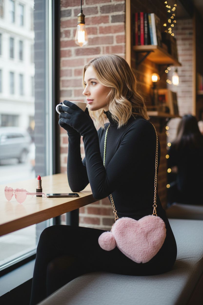 Aliceset heart-shaped furry purse draped on shoulder, paired with heart sunglasses in a cozy café setting for Valentine's Day.