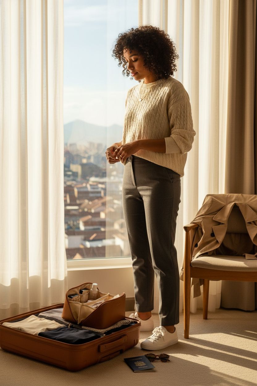 EACHY vanity bag beside an open suitcase in a boutique hotel room, showcasing travel essentials.