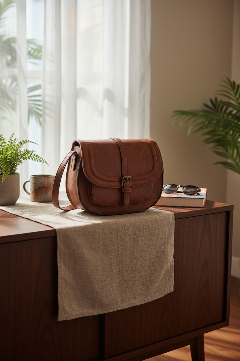 AFKOMST vegan leather crossbody bag on a sideboard, evoking relaxed weekend vibes at home.