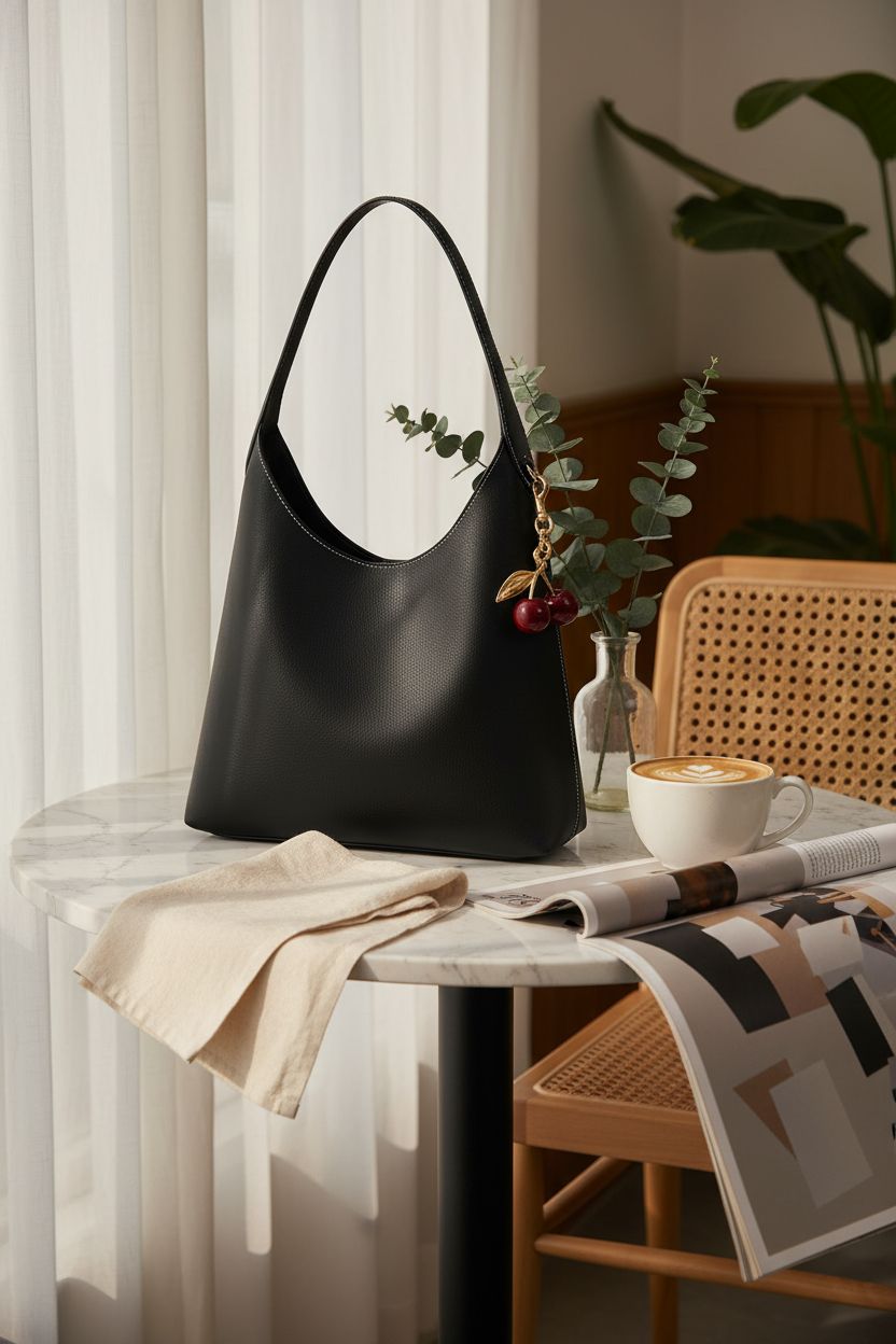 HICARRY black faux suede hobo bag elegantly placed on a café table, embodying cozy style.
