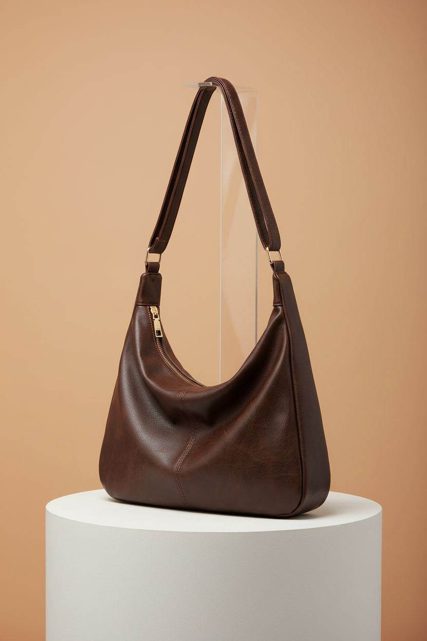 NIUEIMEE ZHOU hobo bag on clean studio backdrop, highlighting its slouchy design and quality vegan leather.