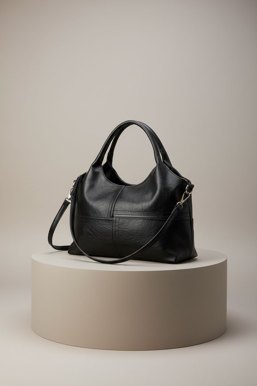 KOGTLA vegan leather handbag showcased on a pedestal highlighting its design and craftsmanship.